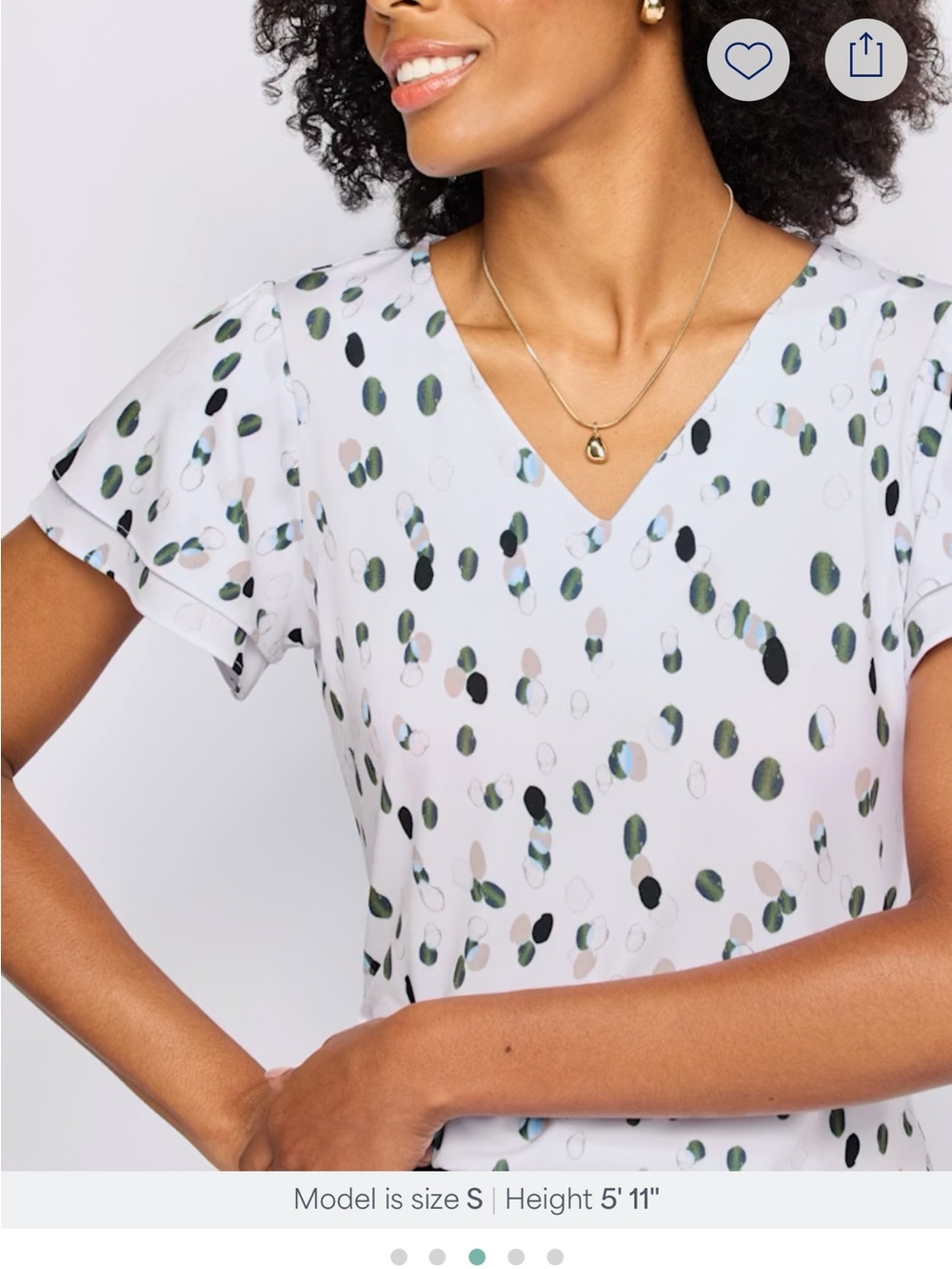 Calvin Klein White V-Neck Dot Print Blouse with Green and Black Accents. New